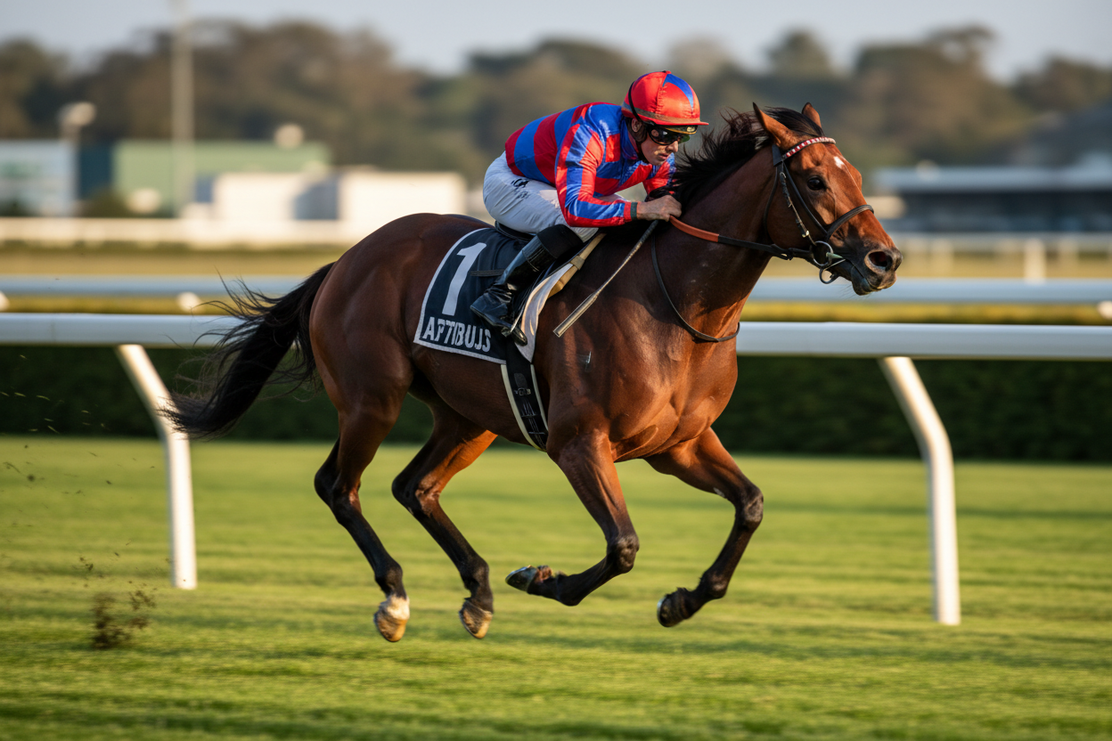 Racehorse and jockey at full stride