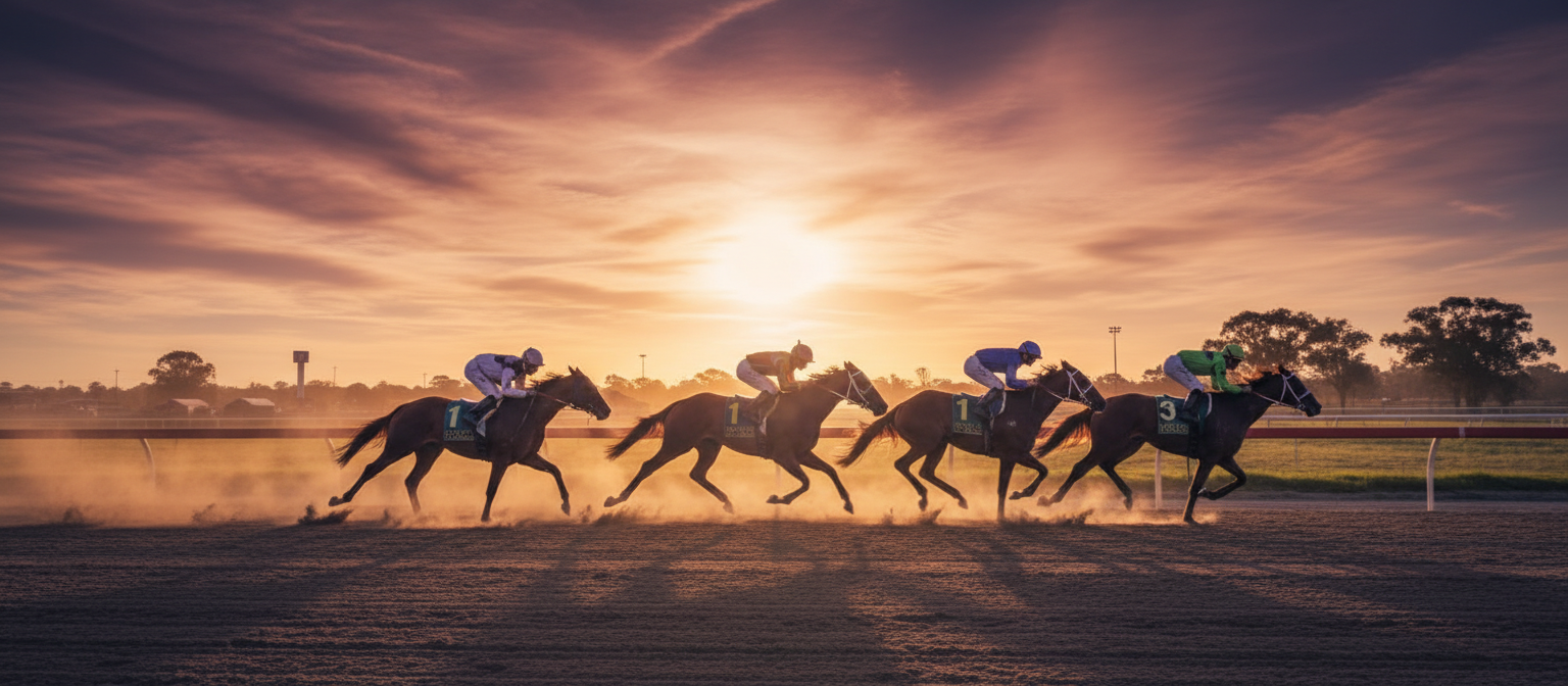 Racehorses silhouetted against a sunset