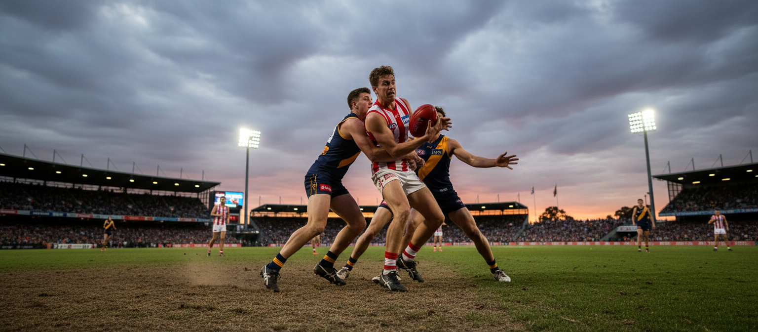 Australian rules football match under stadium lights